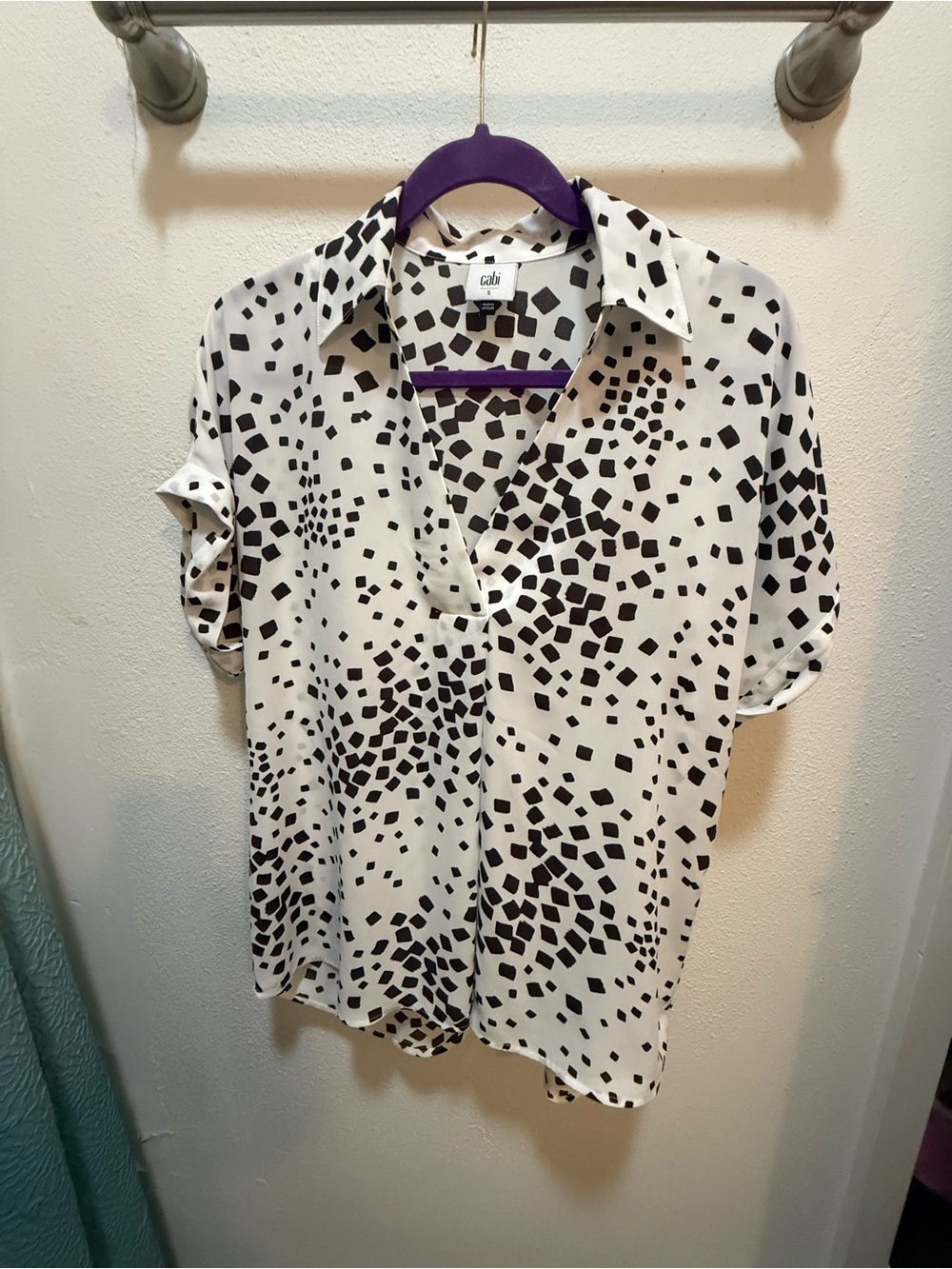 CAbi Black and Ivory Abstract Dot Button-Up Blouse